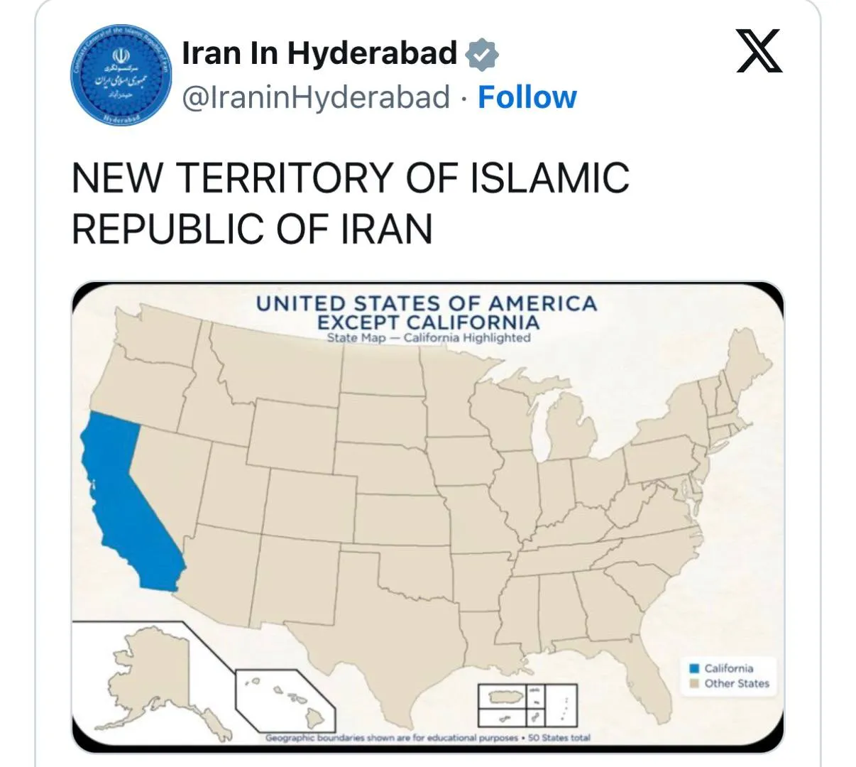 کنسولگری ایران در هند، کالیفرنیا را قلمروی جدید خود معرفی کرد