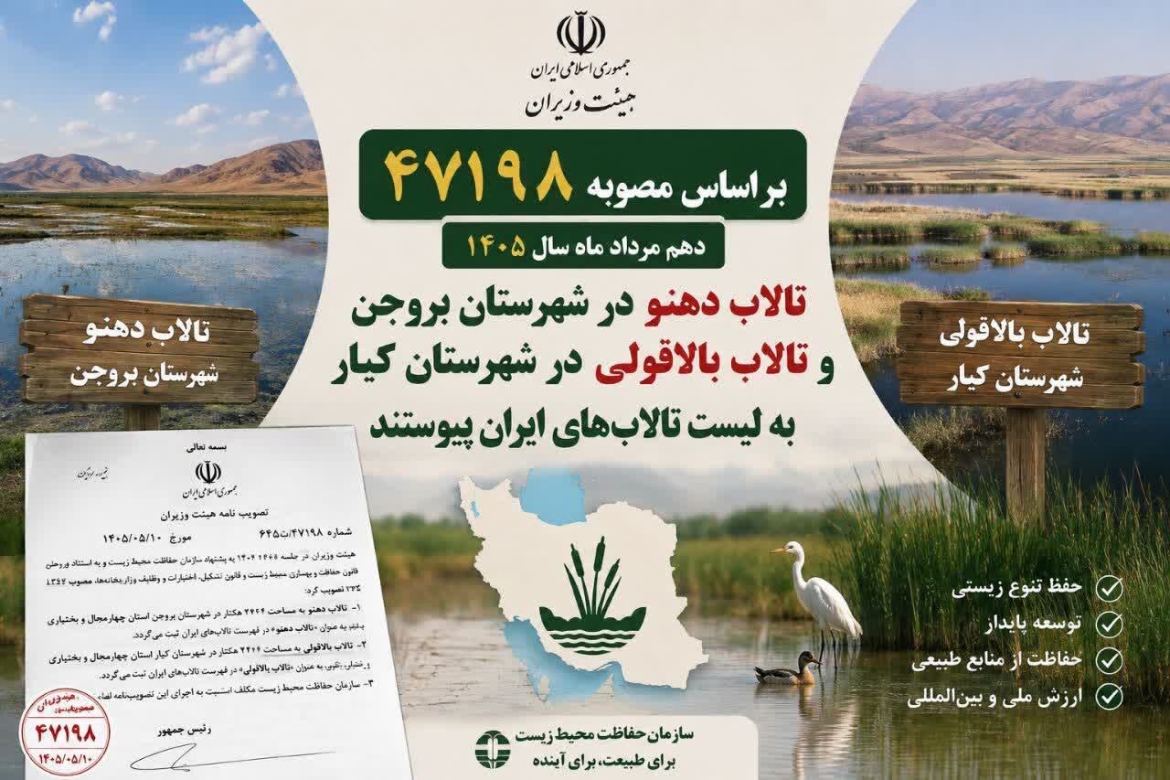 تصویب قانونی دو تالاب جدید در استان چهارمحالوبختیاری در هیئت وزیران